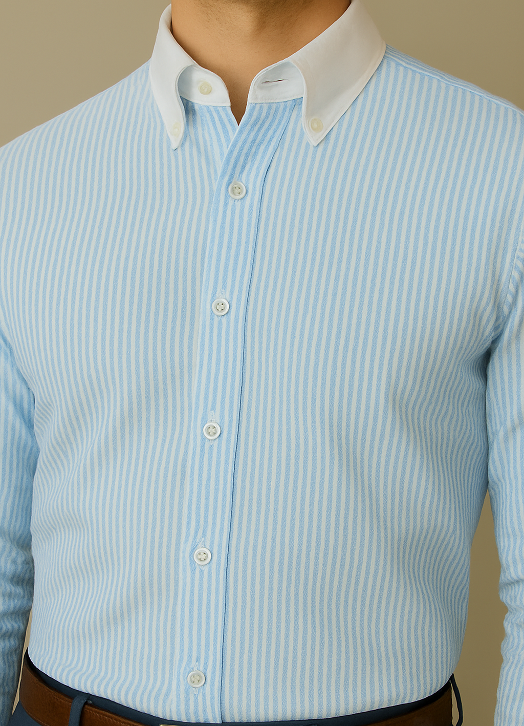 Contrast Collar Light Blue Striped Shirt