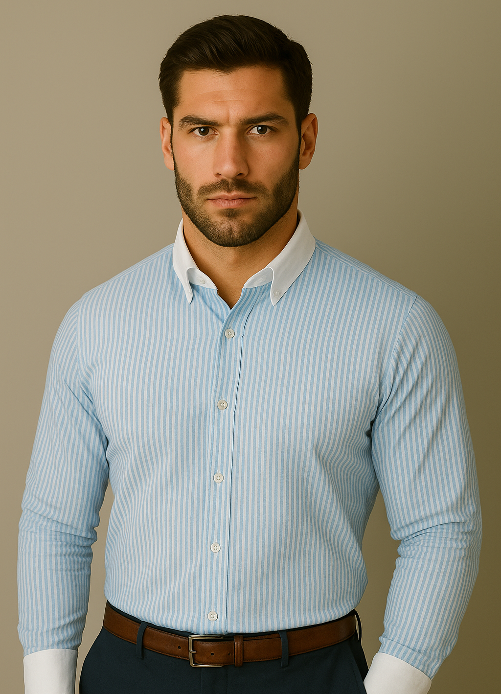 Contrast Collar Light Blue Striped Shirt
