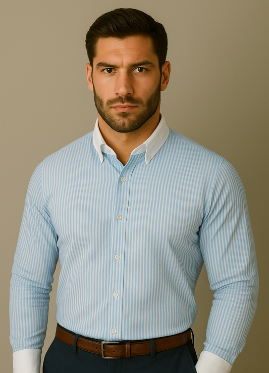Contrast Collar Light Blue Striped Shirt